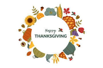 Thanksgiving and harvest banner. Thanksgiving background. Harvest background. Fruits, vegetables and plants around the greeting text.