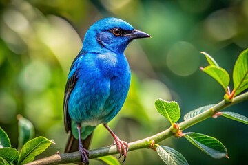 Obraz premium A vibrant blue dacnis bird perches gracefully on a branch, leaving ample space for your words.