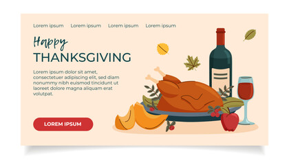 Thanksgiving and harvest banner. Roasted turkey with vegetables and bottle of wine. Thanksgiving background. Harvest background.