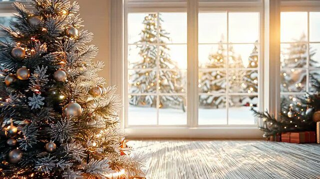 A stunning Christmas tree adorned with lights and ornaments stands beside a window, casting a warm glow with presents waiting to be opened on a festive evening