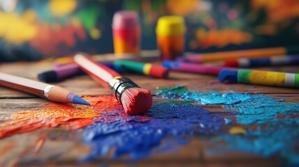 Fototapeta premium Vibrant array of art supplies including brushes paints pencils markers and a color palette on a rustic wooden desk creating an inspiring workspace for creative painting drawing and expression