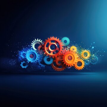 A colorful image of gears and wheels with a blue background