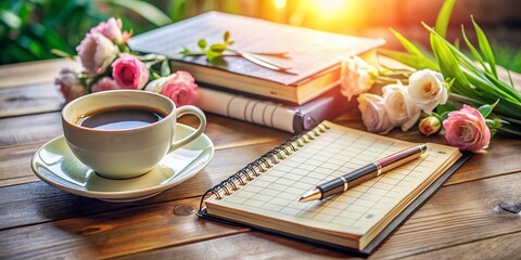 Feminine Year Planner with Stationery and Coffee - Stylish Organization Tools for Productivity and Planning