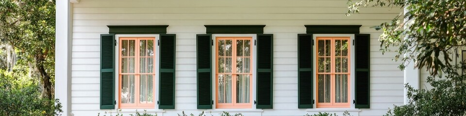 Fototapeta premium Georgian house with green accents and peach windows, glowing under the sun.