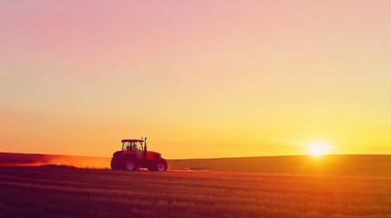 Fototapeta premium Agricultural tractor in a field at sunset, with dust rising from the soil, symbolizing farming and rural life.