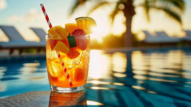 Tropical sunset cocktail by the pool &ndash; refreshing citrus beverage for summer relaxation
