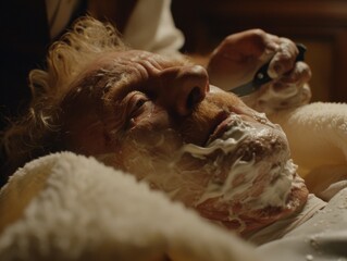 In a cozy vintage barbershop, a skilled barber focuses intently on expertly trimming a client's beard with precision, showcasing the artistry of grooming in warm lighting.