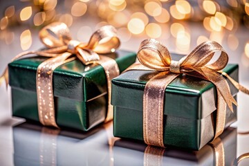 Festive Emerald Green Gift Boxes with Golden Ribbons on Transparent Background for Holiday Celebrations