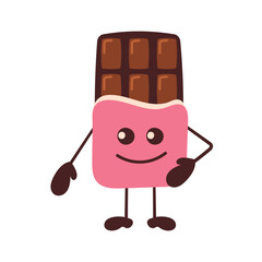 Smiling chocolate bar. Cartoon character of chocolate. Isolated vector of playful cheerful candy.