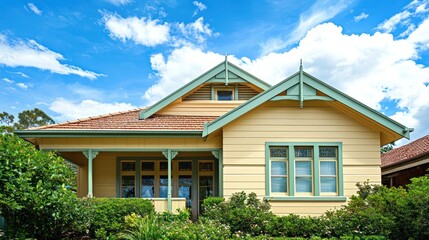 Sydney house with beige walls and sage green trim on a sunny day.