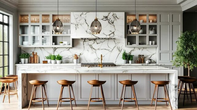 A modern kitchen with white marble countertops and backsplash, featuring a breakfast bar with four wooden stools