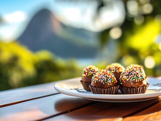 A traditional brigadeiro, a chocolate truffle rolled in sprinkles, arranged on a simple, rustic plate The famous Sugarloaf Mountain overlooks Rio de Janeiro, adding Brazilian charm