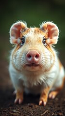 A small piglet with big ears and curious eyes looks at the camera on a sunny afternoon