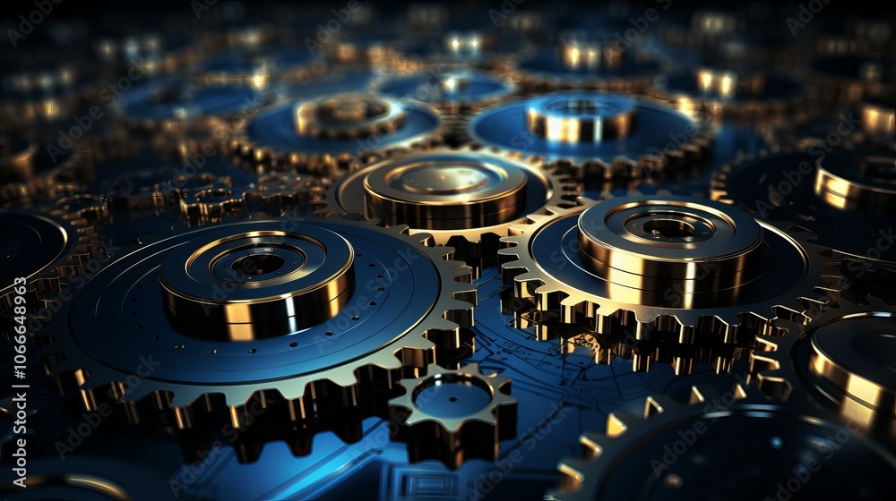 Poster intricate arrangement of golden gears creating a mechanical backdrop in a dark setting