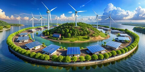 Obraz premium Floating Island with Wind Turbines, Sustainable Eco-Friendly Industries, Renewable Energy, Green Technology, Vibrant Landscape, Clean Environment, Futuristic Concept, Nature Harmony, Eco-Innovation