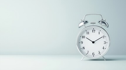 A silver alarm clock with the hands on the number 3 and 6