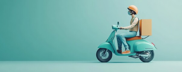 3D illustration of a delivery person riding an orange scooter with packages on a teal background, representing efficient and modern transportation