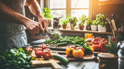 A man in a striped apron chopping vegetables in a kitchen.
