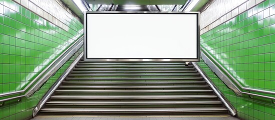 Obraz premium Blank subway billboard with green tiles, stainless steel stair backdrop.