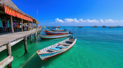 Brightly Painted Boats at a Bustling Harbor