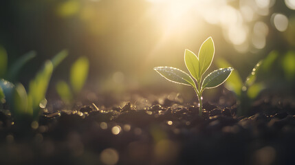 small plant sprouting from ground, illuminated by soft sunlight, symbolizes growth and renewal. delicate leaves glisten with dew, creating serene and hopeful atmosphere