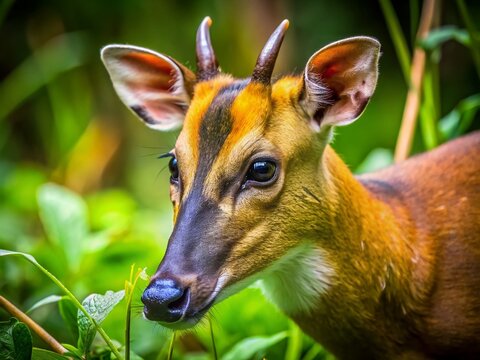 Close-up of a muntjac deer grazing, sharp focus throughout.