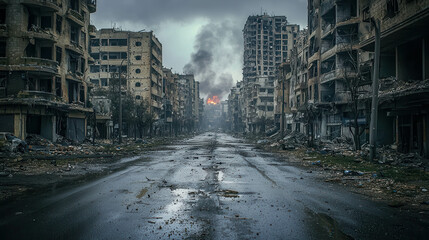 War-damaged Cityscape with Destroyed Buildings