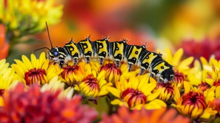 Naklejka premium Colorful Caterpillar on Vibrant Flowers in Garden Setting