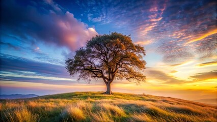 Fototapeta premium A solitary tree stands tall against a vibrant sunset sky, its branches reaching out like welcoming arms, inviting the viewer to embrace the tranquility of the moment.
