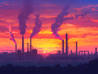 Obraz premium vibrant sunset casts colorful glow behind fuel processing plant, with smokestacks releasing plumes of smoke into sky. scene captures contrast between nature and industry, evoking sense of awe