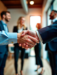 Business people shaking hands, hugging, and celebrating success in the office business collaboration with human resources workers as humans