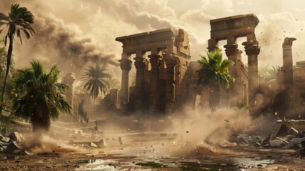 Ancient Egyptian Temple Ruins in the Desert: A Dramatic Scene of Crumbling Stone and Dust