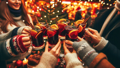 Close up of friends toasting with glasses of warm mulled wine at a festive Christmas market