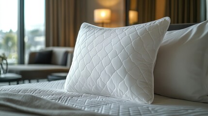 White quilted pillow on a bed with a large window behind it.