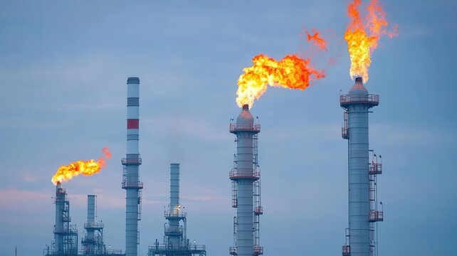 Oil refinery flaring natural gas, with large flames shooting from tall stacks   natural gas flaring, refinery, pollution