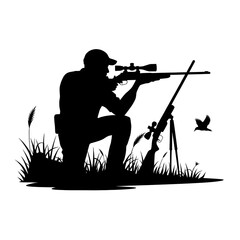 Naklejka premium hunter kneeling on one knee, aiming a rifle with a scope. black-and-white silhouette illustration