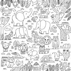 Whimsical, variety of playful, cartoon-like animals in a lively jungle environment. black-and-white illustration