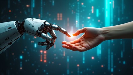 Human and robot hands touching each other,
Technology development background