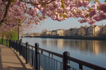 Cherry Blossoms Over Canal.