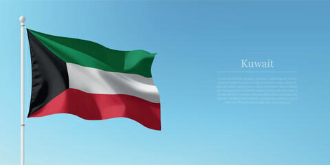 Waving Flag of Kuwait Against Clear Blue Sky Copyspace