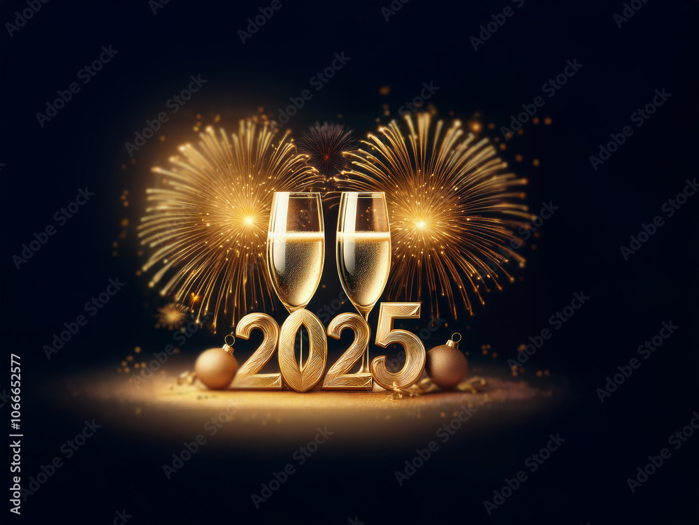 Poster Two champagne flutes clink together in front of a shimmering 