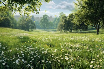 A tranquil spring meadow unfolds with vibrant green grass and blooming wildflowers. Majestic trees rise in the background, illuminated by soft, natural light.
