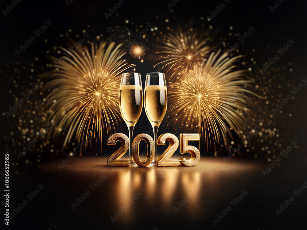 Poster two champagne flutes filled with sparkling beverage sit in front of gold 2025 digits, with two golde