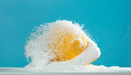 White Snow fall on yellow safety hard hat of engineer over blue sky background isolated. Yellow hard hat helmet was covered by snow storm accident hit