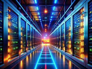 Obraz premium Futuristic Data Center with Glowing Servers and Illuminated Corridors for a High-Tech Atmosphere in Candid Photography