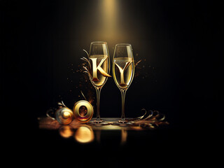 Two champagne flutes filled with sparkling liquid, adorned with gold letters "K" and "Y", stand on a reflective surface with gold ornaments.