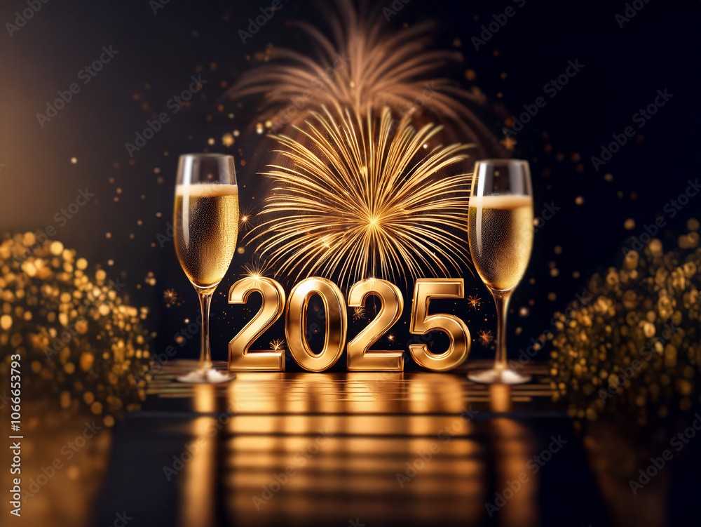 Poster two champagne flutes with golden liquid stand on a wooden surface in front of the gold-colored 2025 