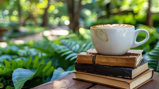 A white coffee cup with latte art sits on top of a stack of books in a serene outdoor garden. The lush green foliage in the background and soft sunlight create a peaceful, tranquil atmosphere.
