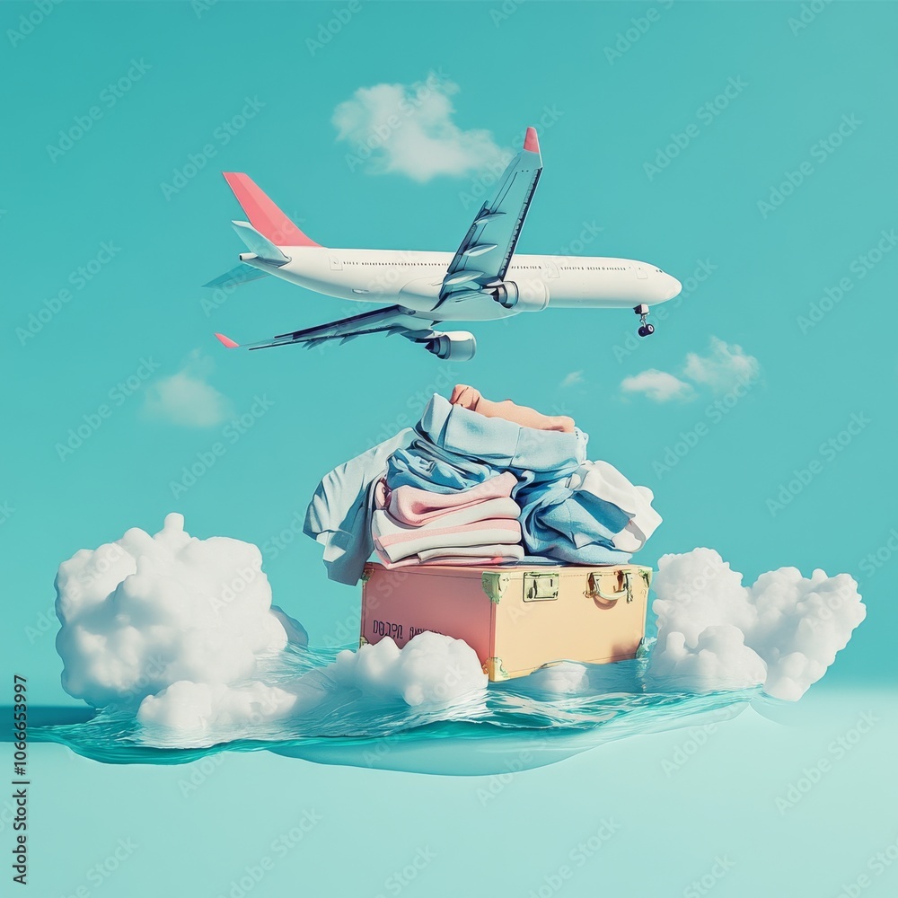 Poster a plane flies above a passport and a suitcase filled with beach items. this image represents the exc