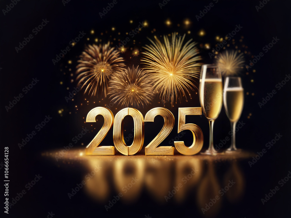 Poster golden 2025 numerals with champagne flutes in front of sparkling fireworks against a black backgroun